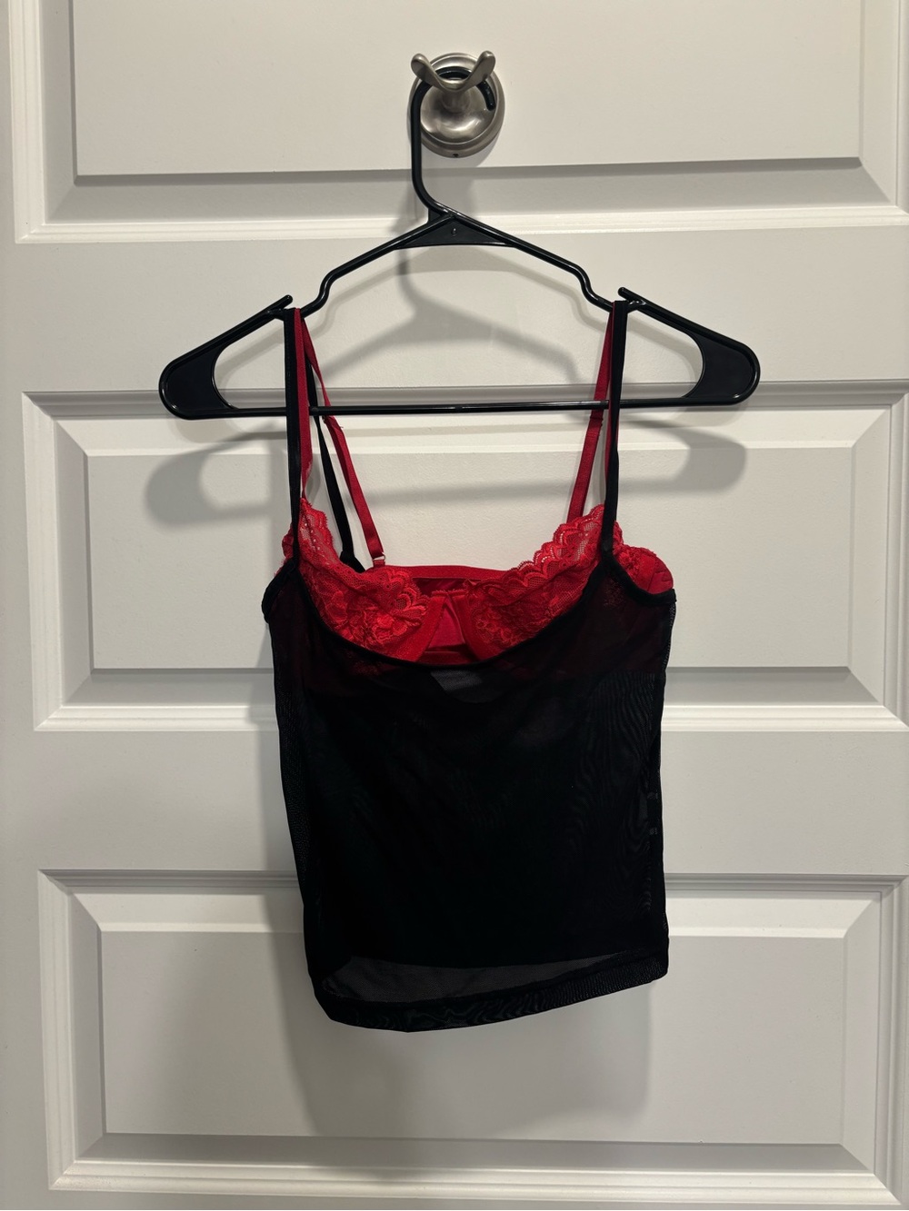 Sexy Red Lace-Trim Black Mesh Cami Top